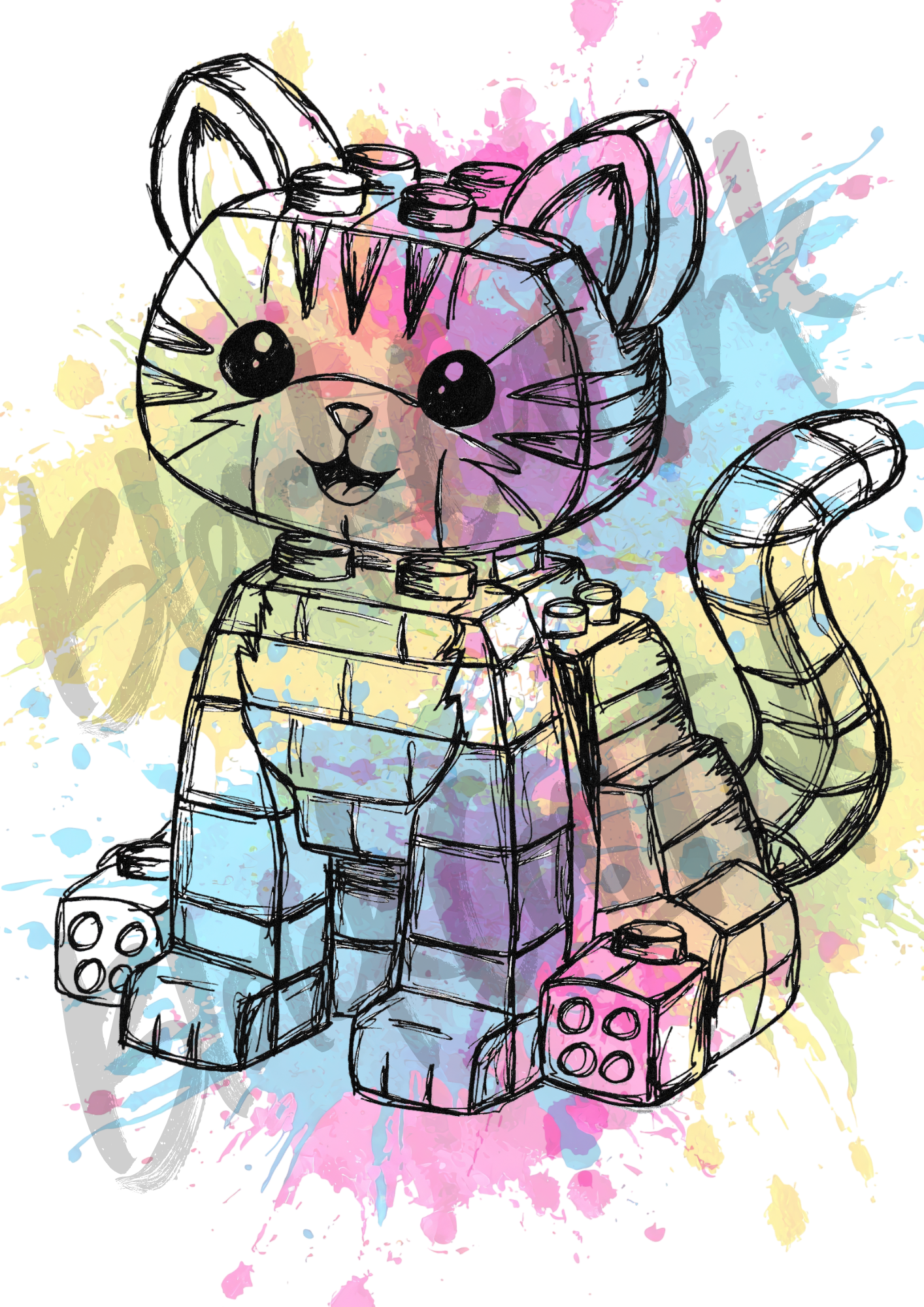 Lego Cat - A4 & A3 Size Available (Handmade)