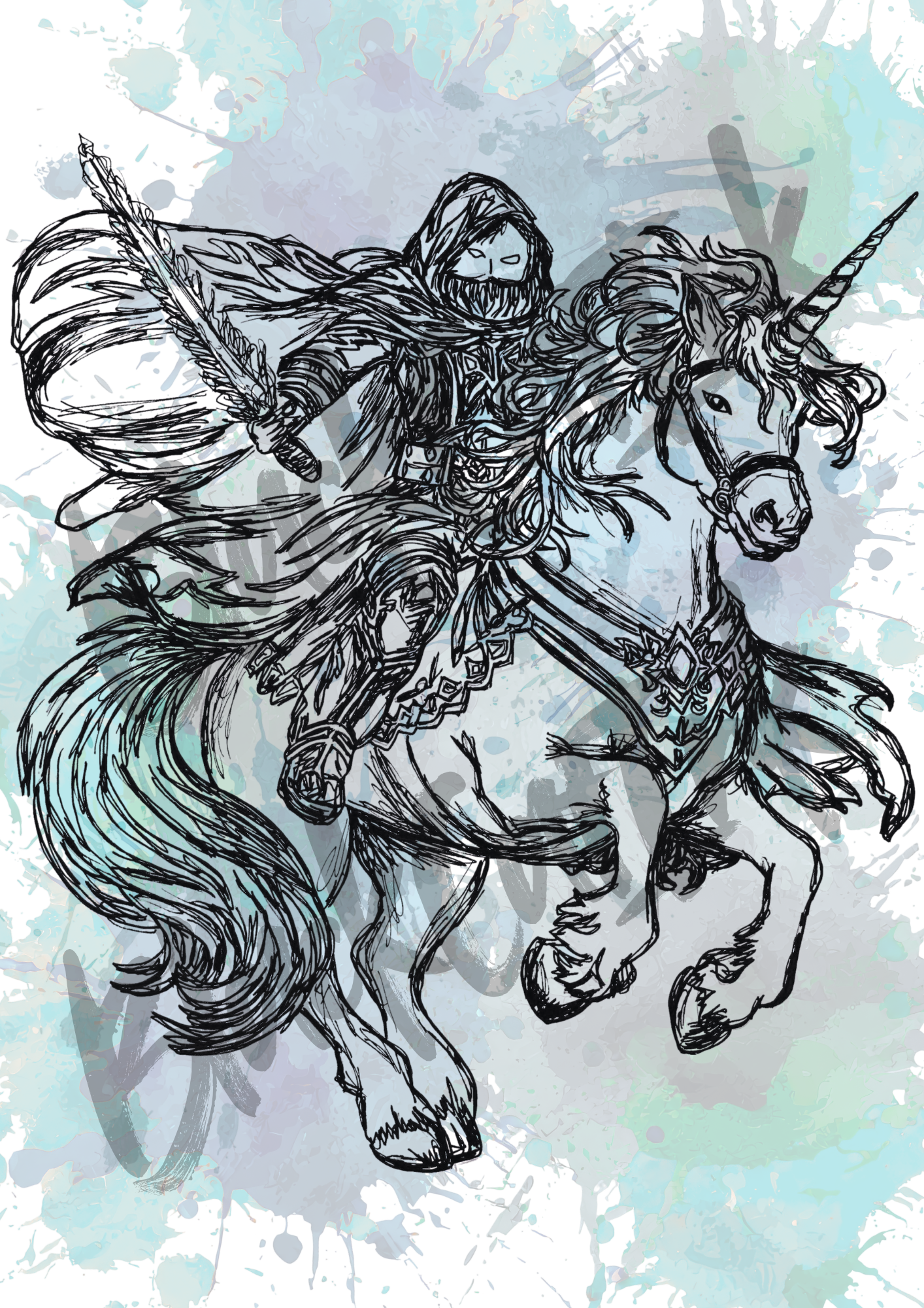 Dark Unicorn Rider- A4 & A3 Size Available (Handmade)