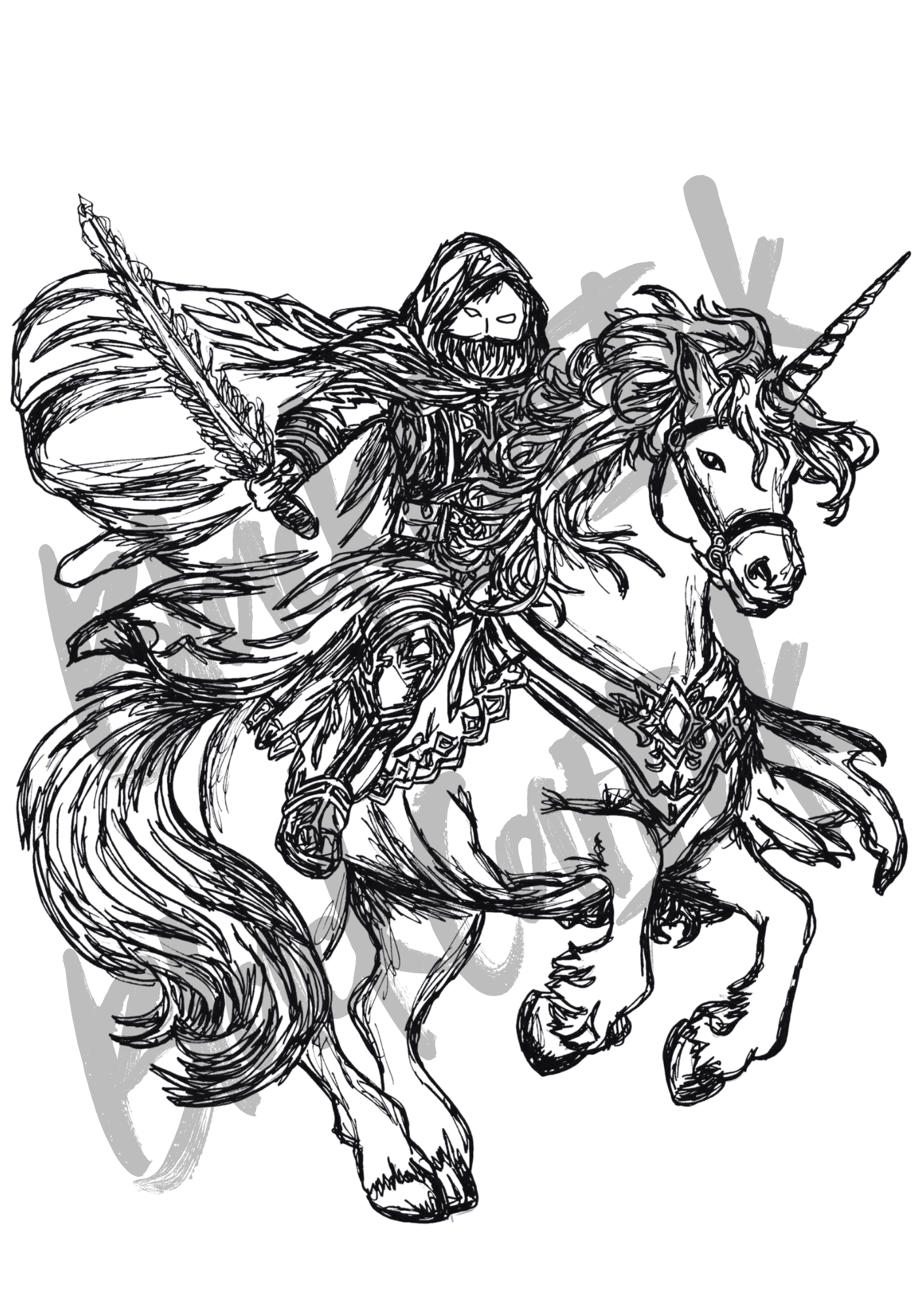 Dark Unicorn Rider- A4 & A3 Size Available (Handmade)
